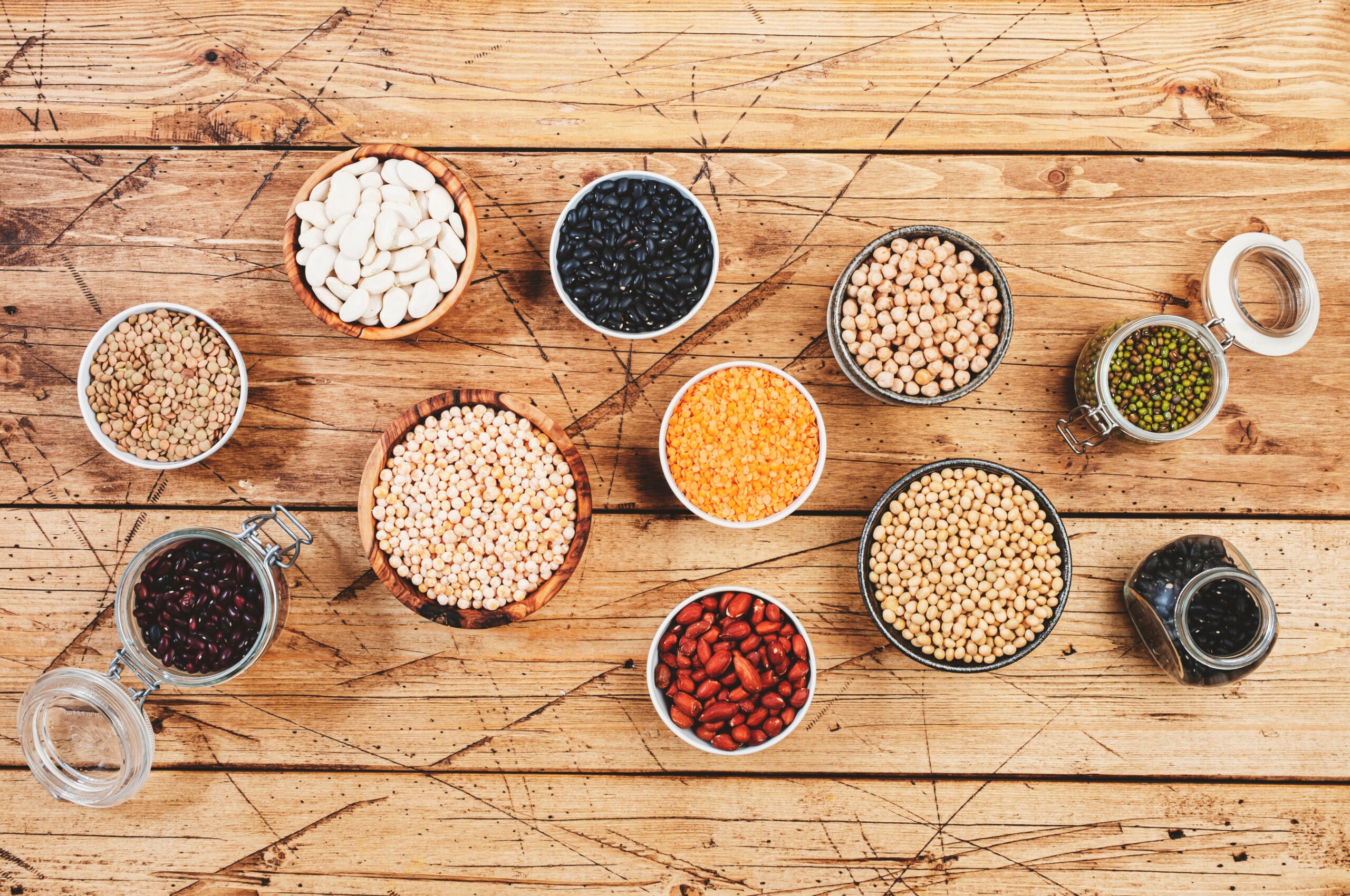 Legumes, beans and sprouts. Dried, raw and fresh, top view. Red
