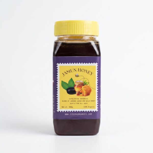 Sisira Organics Jamun Honey - Raw Indian Blackberry Honey jar with Jamun blossoms