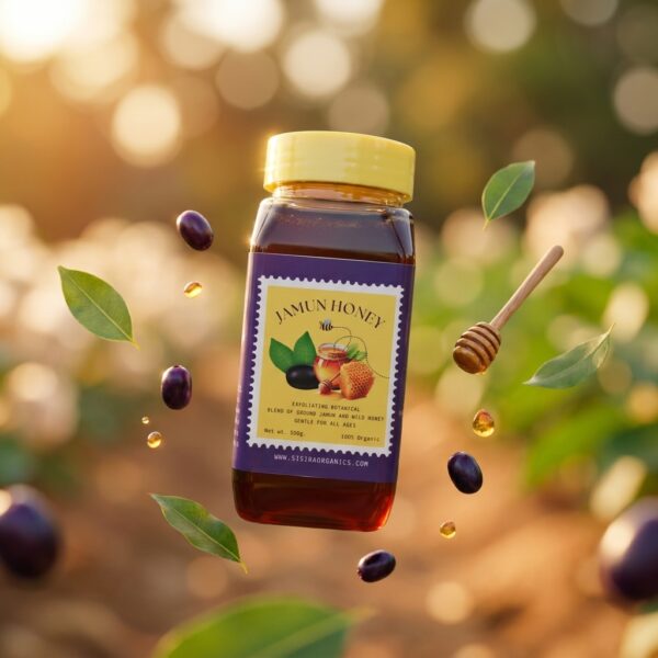 Sisira Organics Jamun Honey - Raw Indian Blackberry Honey jar with Jamun blossoms