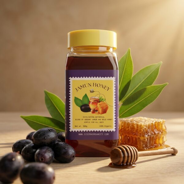 Sisira Organics Jamun Honey - Raw Indian Blackberry Honey jar with Jamun blossoms