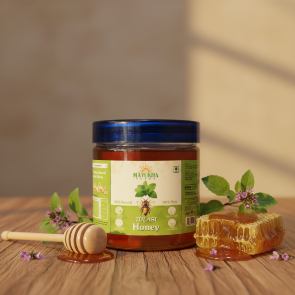 Sisira Organics Tulsi Honey - Raw Holy Basil Honey 500g jar with Tulsi leaves