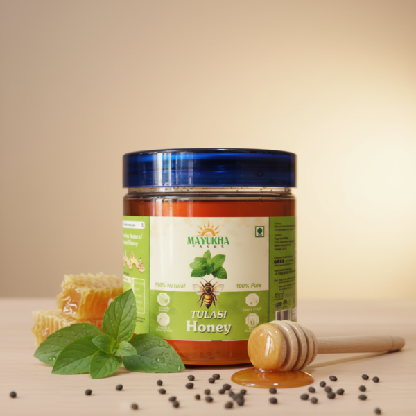 Sisira Organics Tulsi Honey - Raw Holy Basil Honey 500g jar with Tulsi leaves