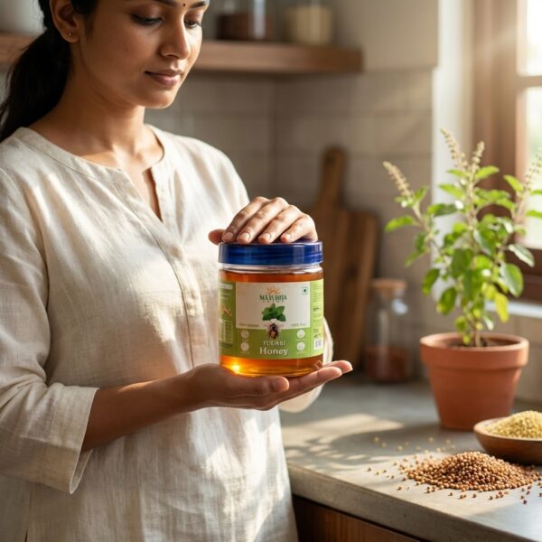 Sisira Organics Tulsi Honey - Raw Holy Basil Honey 500g jar with Tulsi leaves